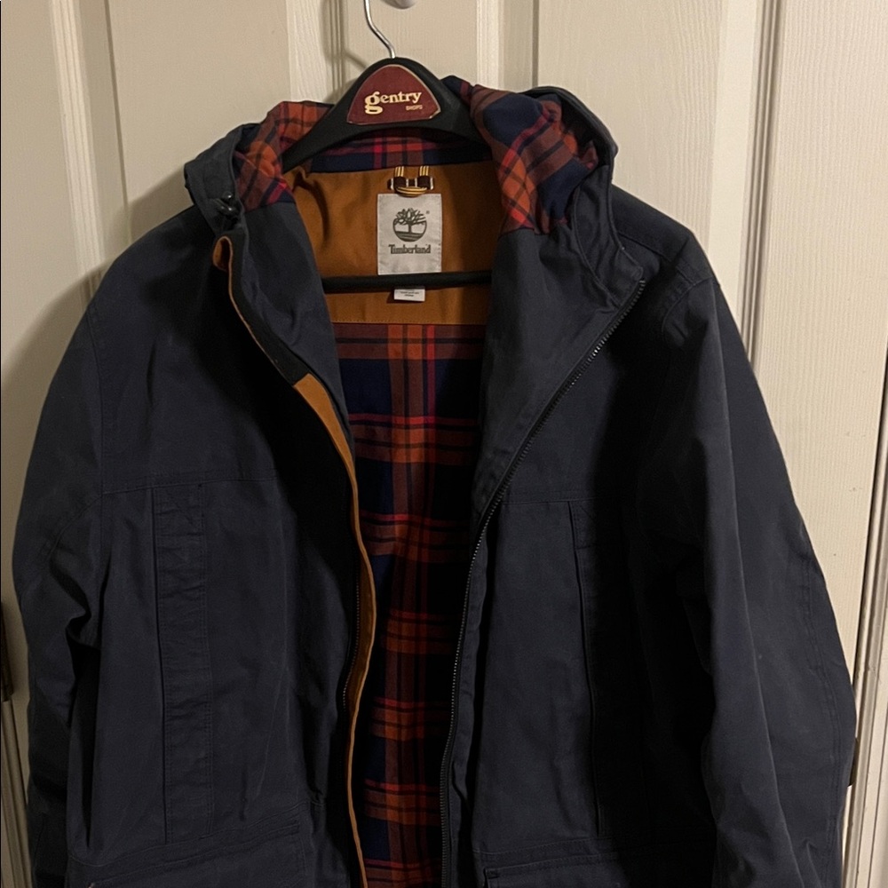 Timberland Navy Hooded Jacket with Red Plaid Lining